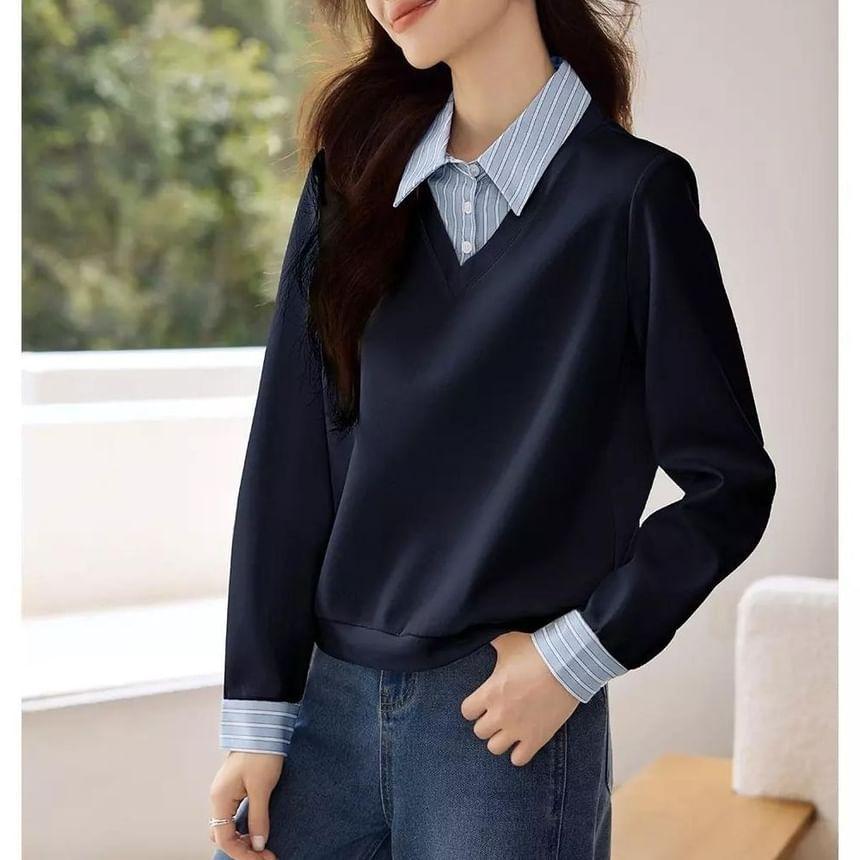 Mock Two-Piece Striped Panel Sweatshirt Product Image