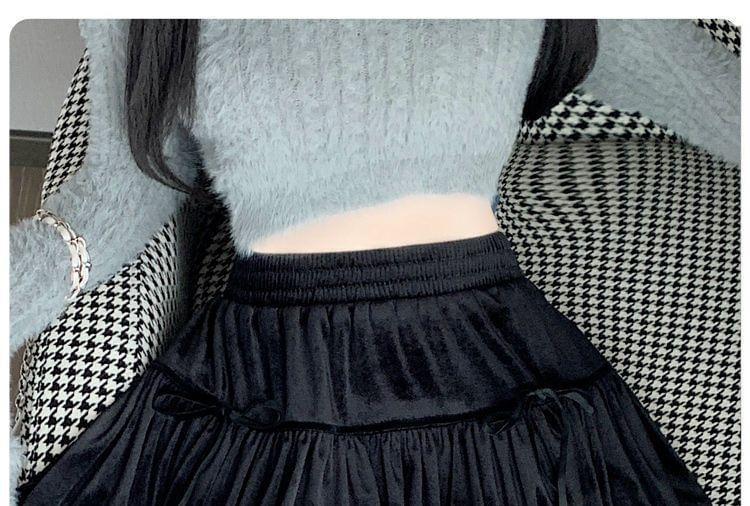 Elastic Waist Plain Bow Gathered Velvet Mini A-Line Skirt Product Image