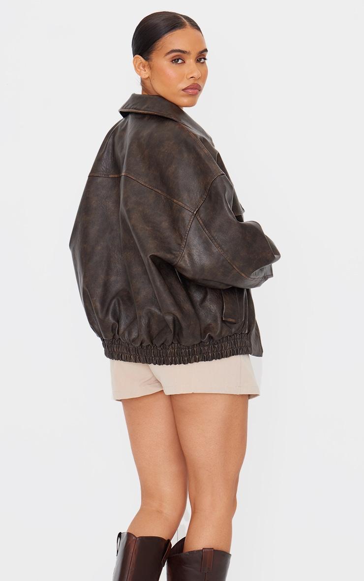 Chocolate Worn Faux Leather Pocket Detail Oversized Longline Bomber Jacket Product Image