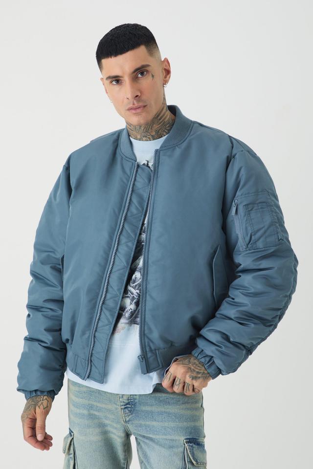 Tall Padded Nylon Panelled Bomber Jacket In Slate | boohooMAN USA Product Image