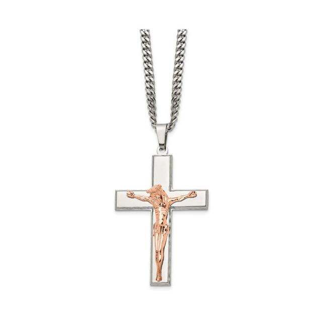 Chisel Polished Rose Ip-plated Crucifix Pendant Curb Chain Necklace Product Image