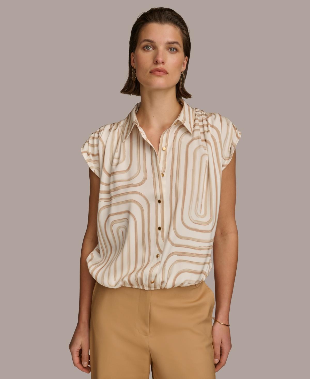 Donna Karan Womens Short-Sleeve Printed Button-Front Shirt - Cream Product Image