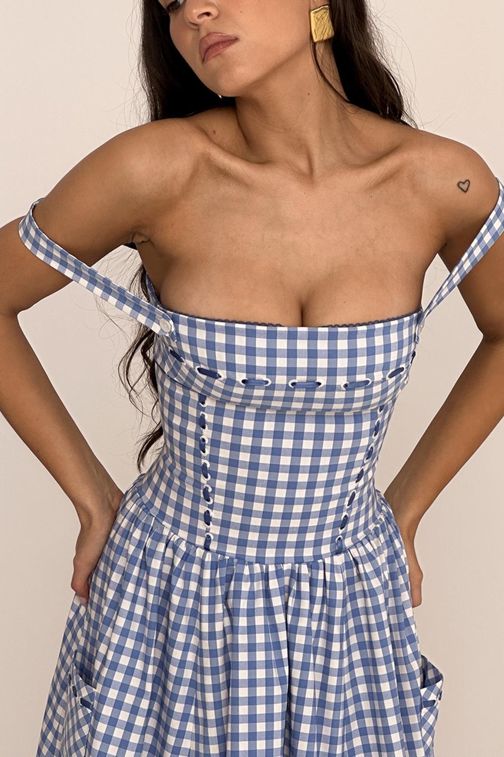 Vivien Regatta Blue Gingham Midi Sundress Product Image