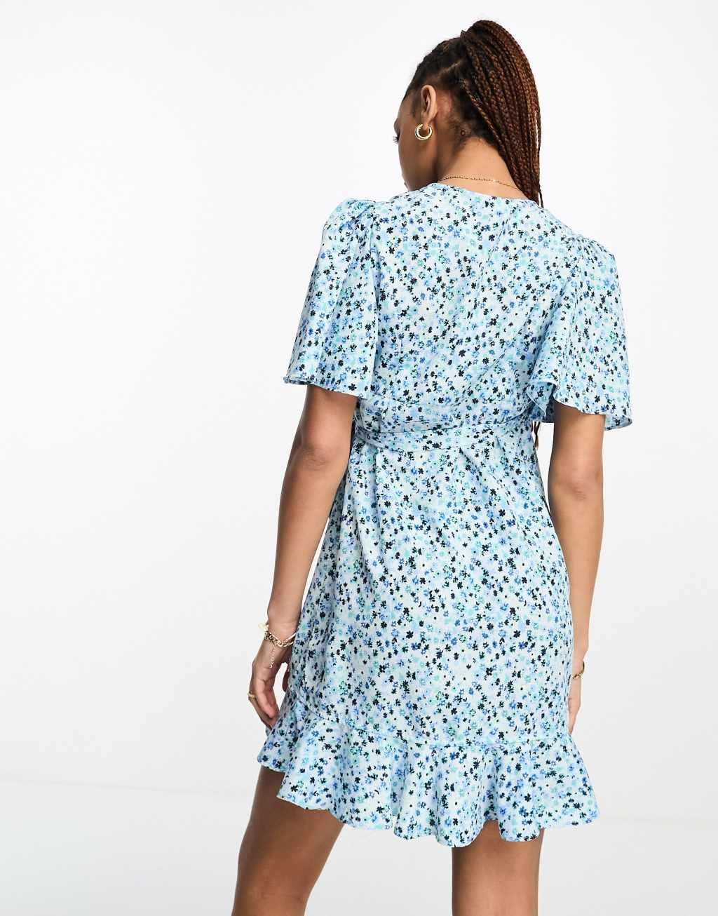 Vero Moda wrap front mini dress in blue florals Product Image