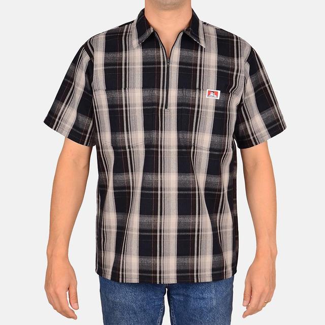 Short Sleeve Plaid 1/2 Zip Shirt - Navy/Grey Product Image