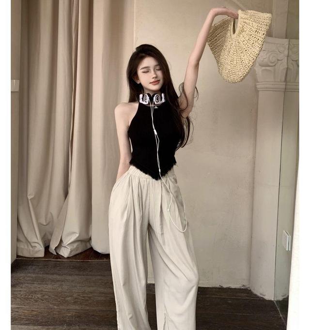 High Rise Plain Wide Leg Pants / Halter-Neck Plain Top Product Image