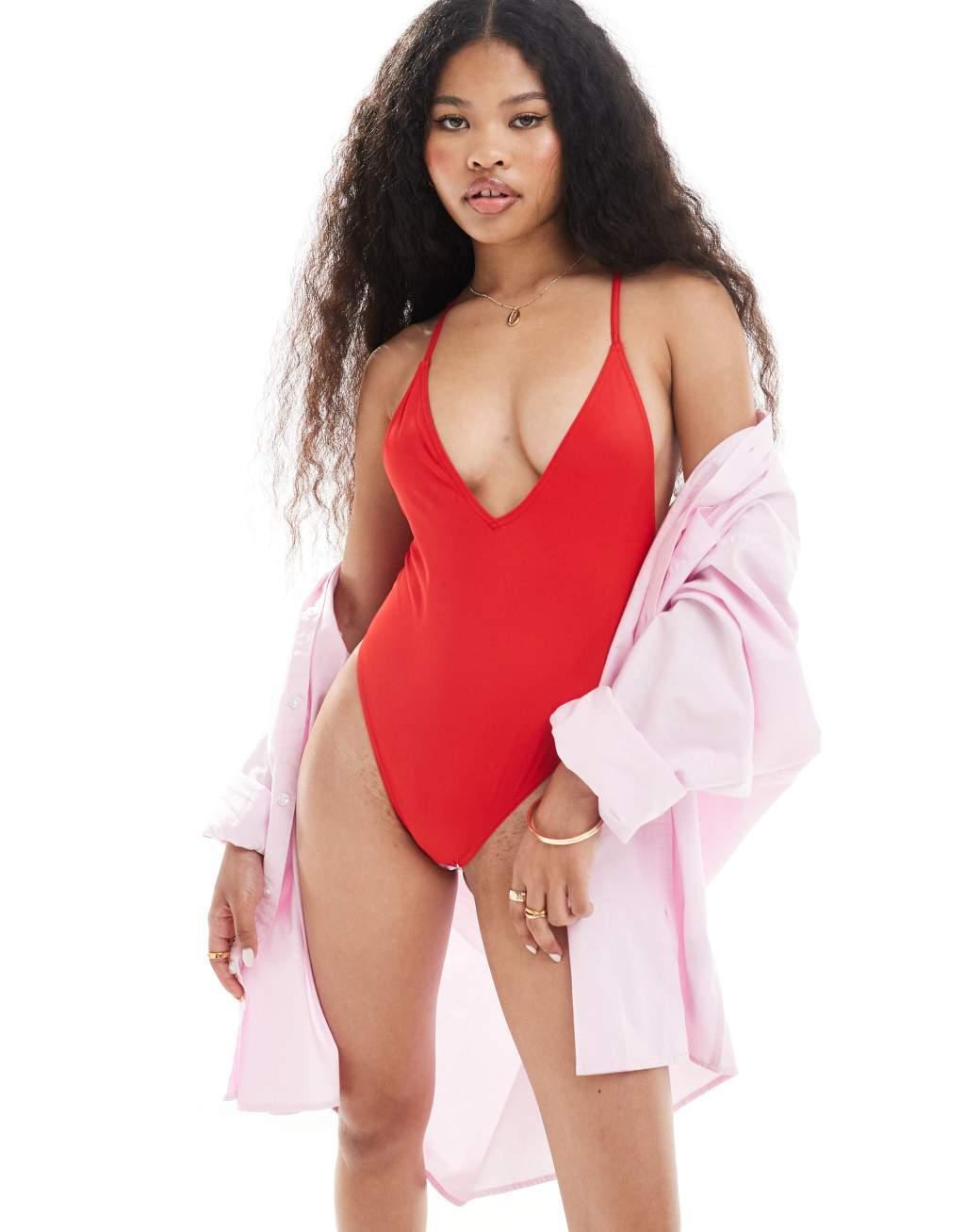 ASOS DESIGN Petite skinny cross back swimsuit in red Product Image