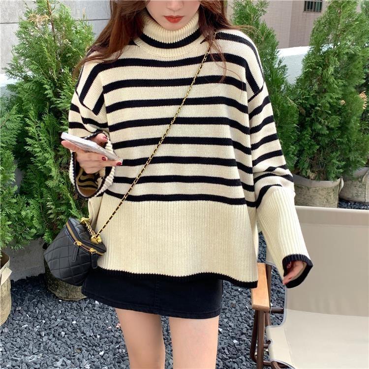 Turtleneck Striped Slit Sweater Product Image