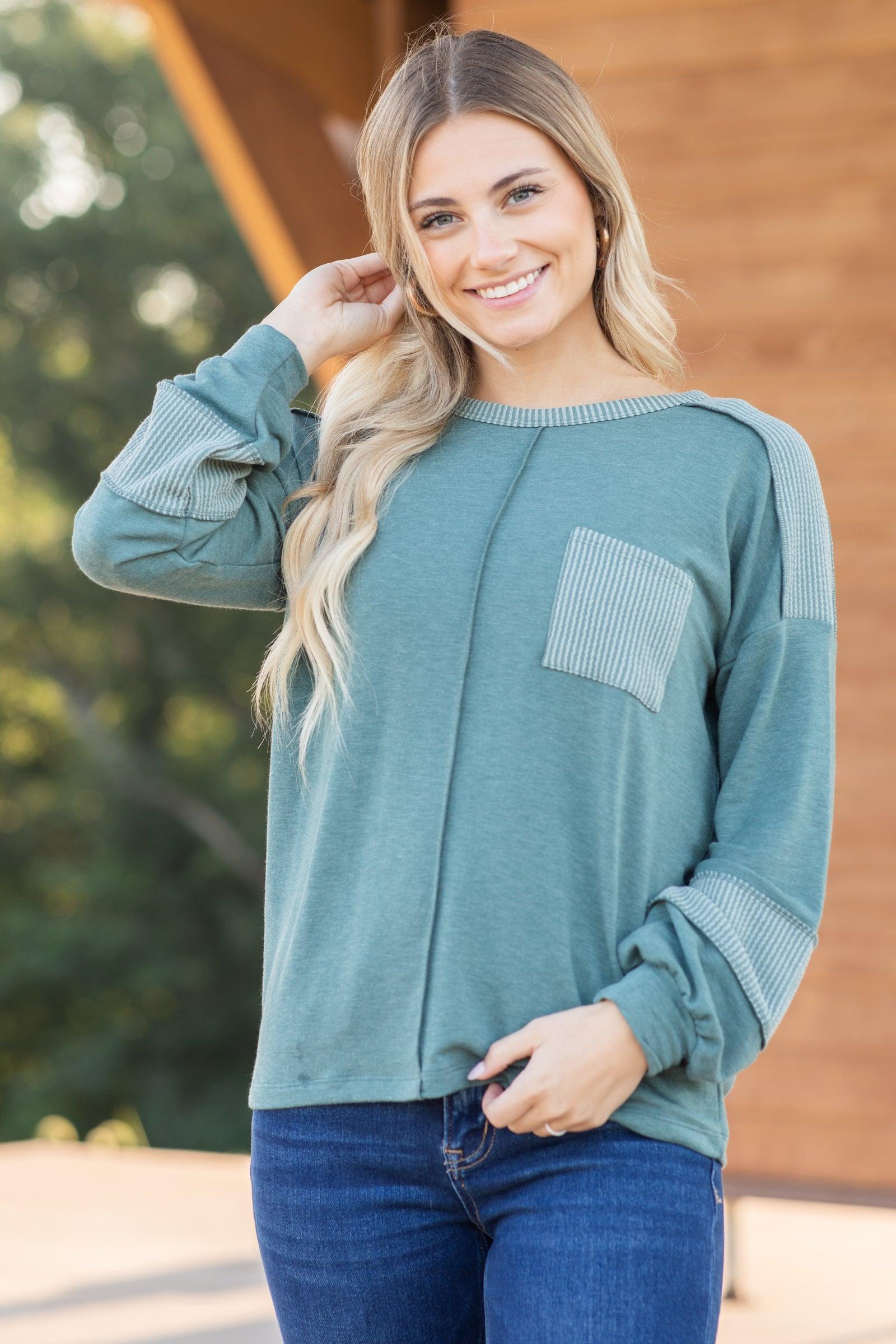 Long Sleeve Color Block Textured Knit Top Product Image