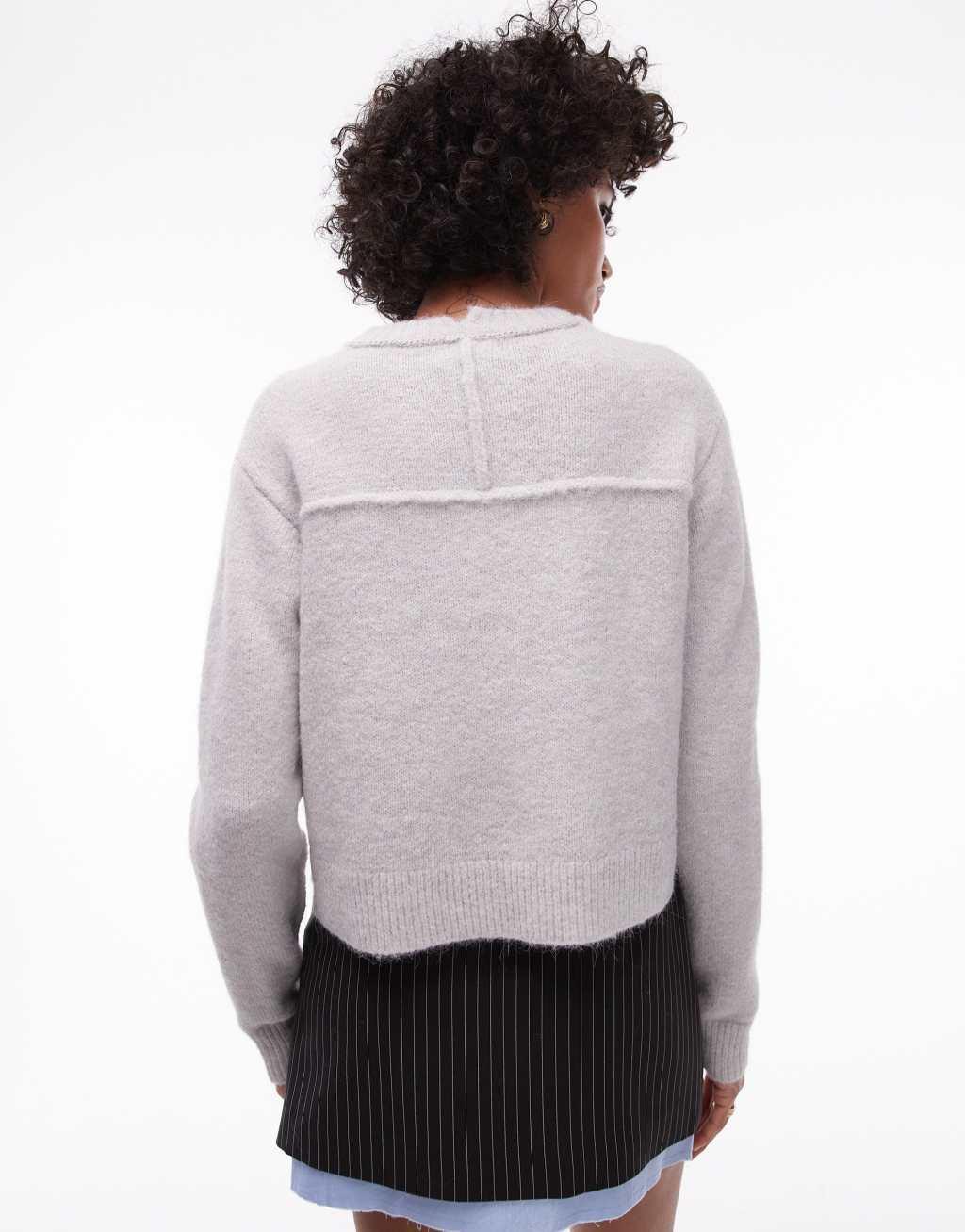 Topshop knit crew with raglan and exposed seam sweater in light gray Product Image