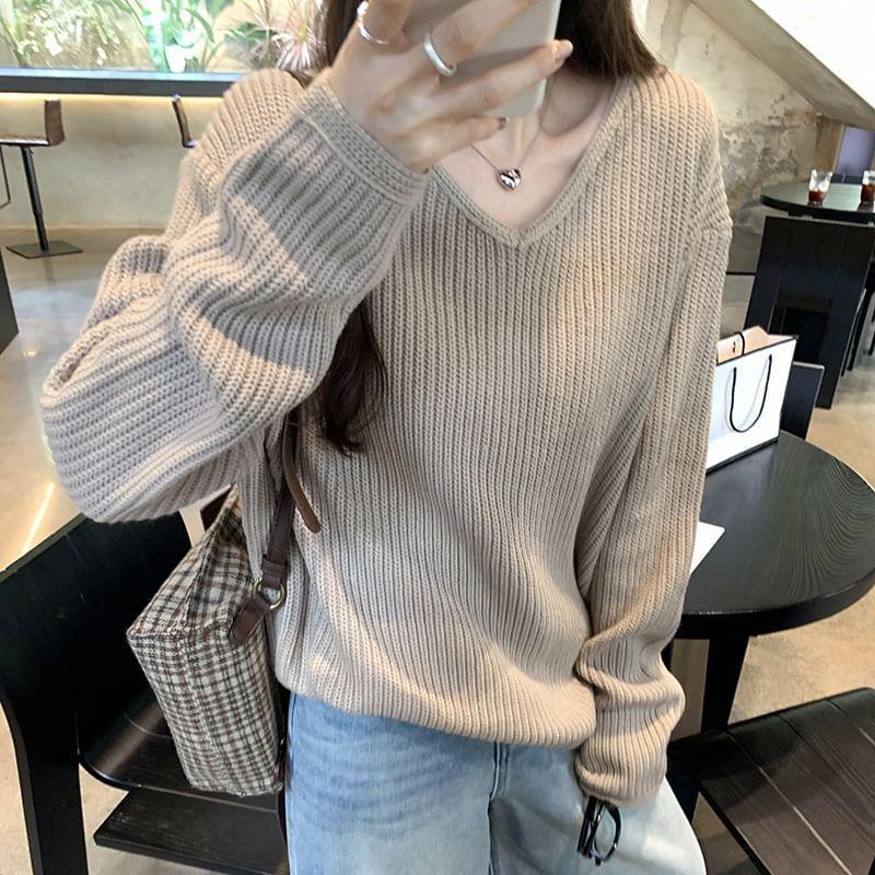 V-Neck Ribbed Plain Sweater Product Image