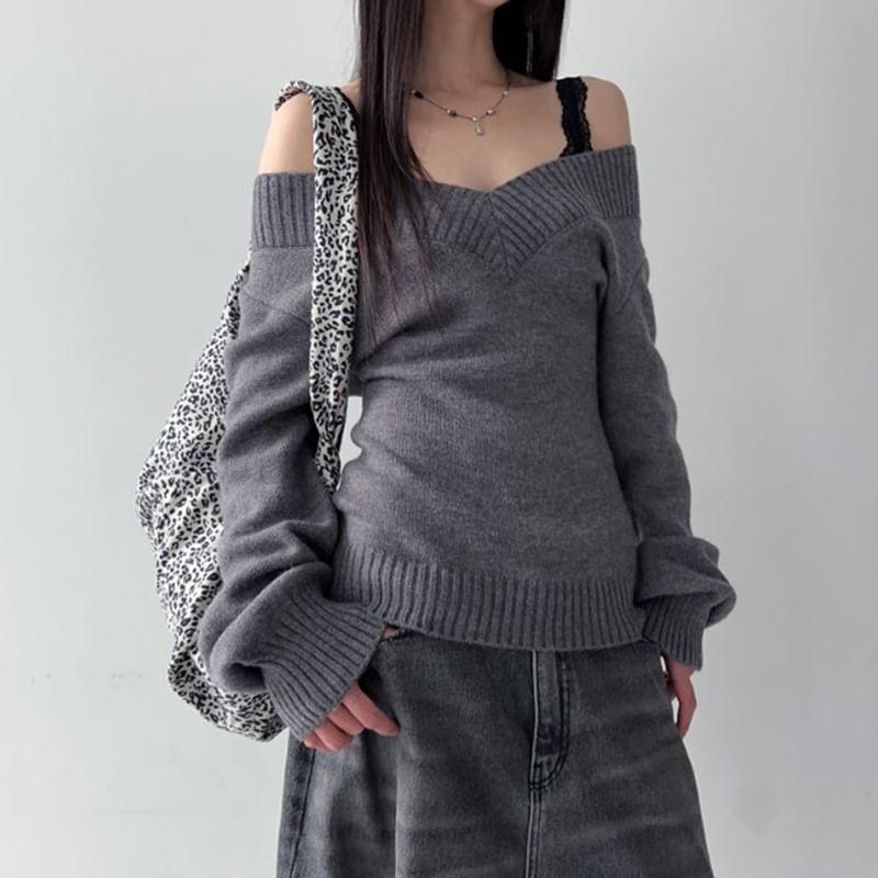 Off-Shoulder Plain Sweater Product Image