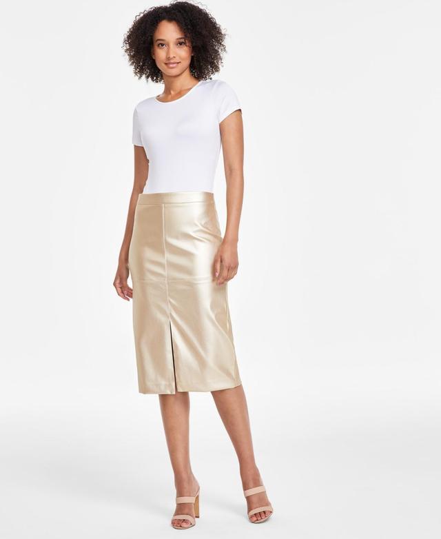 Anne Klein Womens Slit-Front Faux-Leather Midi Skirt Product Image