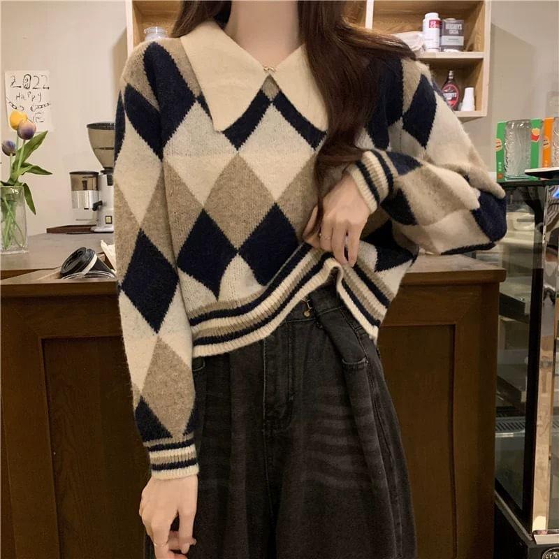 Long-Sleeve Argyle Print Polo-Neck Sweater Product Image