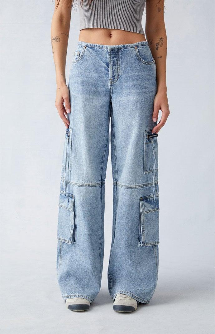 Women's Light Indigo Low Rise Baggy Cargo Jeans product image