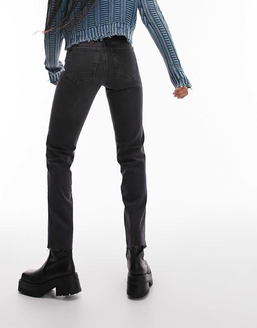 Topshop Tall cropped mid rise with raw hems straight jeans in washed black Product Image