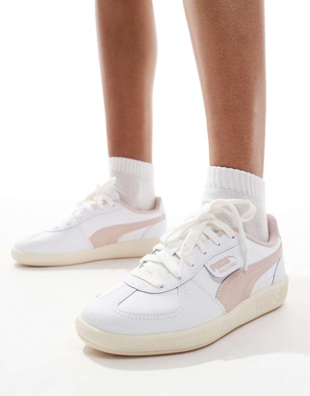 Puma Palermo sneakers in white with pink detail Product Image