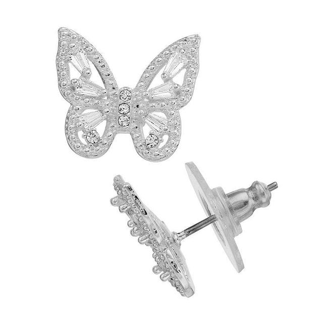 Silver Tone Cubic Zirconia & Crystal Butterfly Stud Earrings, Womens, Silver Tone Clear Product Image