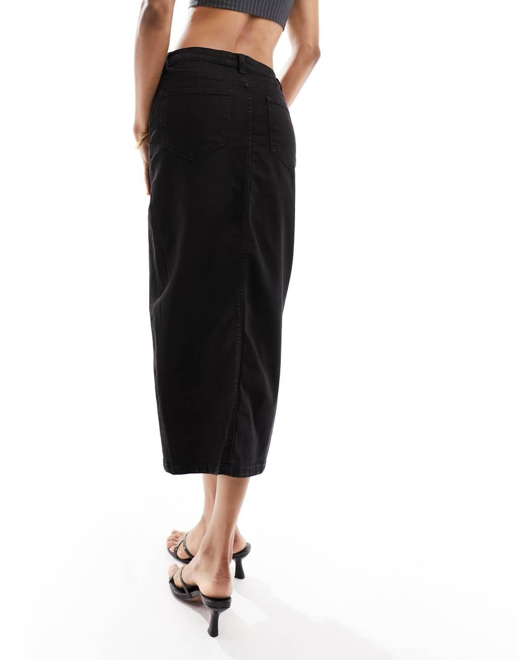 Vero Moda Tall denim midi skirt in black Product Image