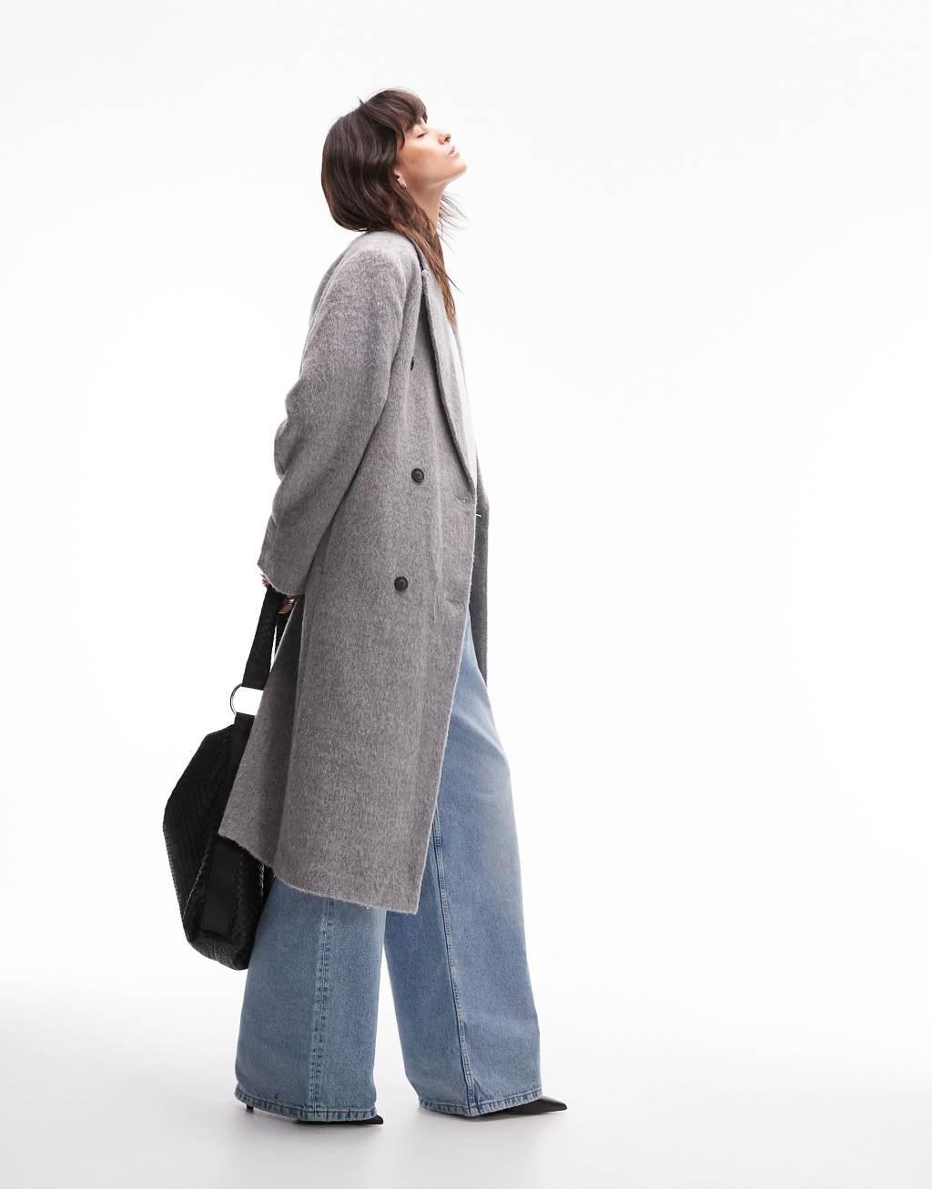 Topshop double breasted brushed coat in gray Product Image