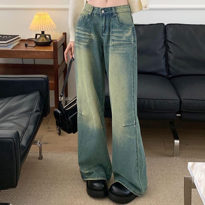 Mid Rise Washed Wide Leg Jeans Product Image