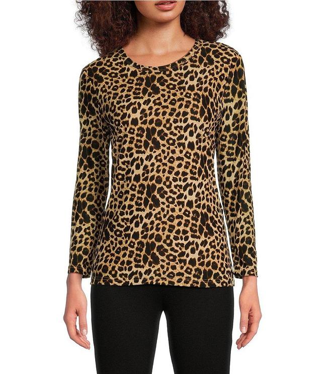 Calessa Stretch Cheetah Print Mesh Crew Neckline Long Sleeve Top Product Image