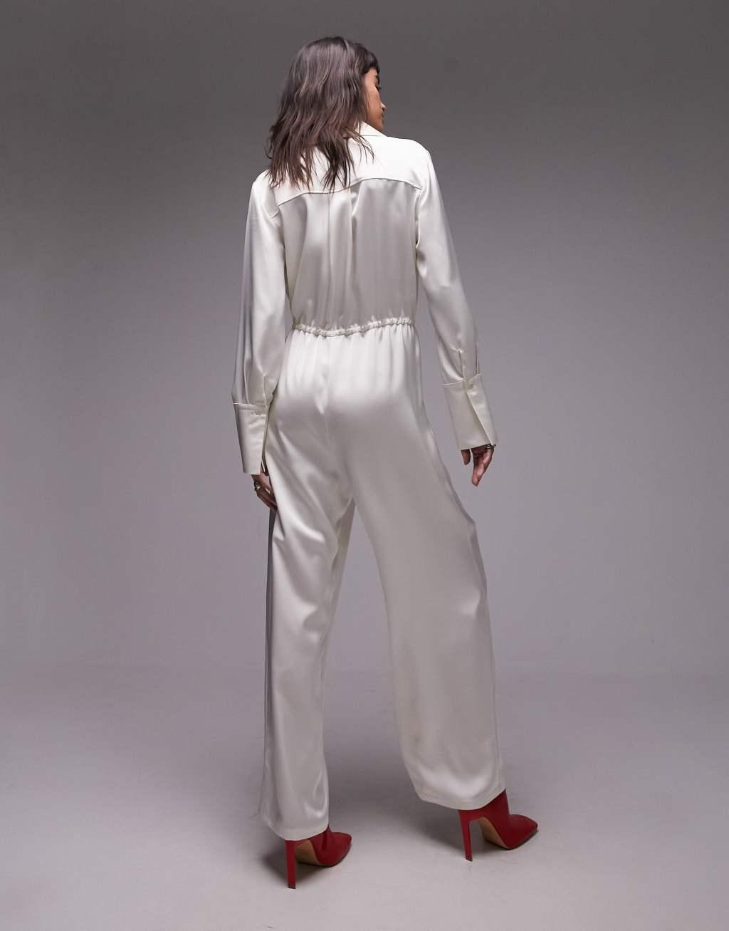 Topshop satin cargo jumpsuit in ivory Product Image