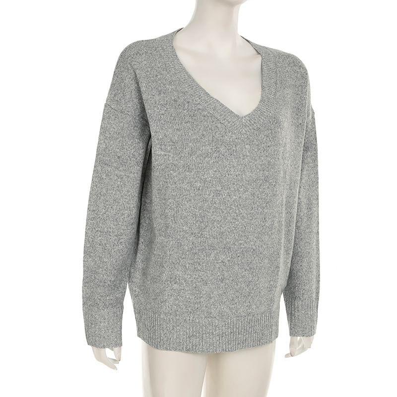 Drop Shoulder V-Neck Plain Oversized Sweater Product Image