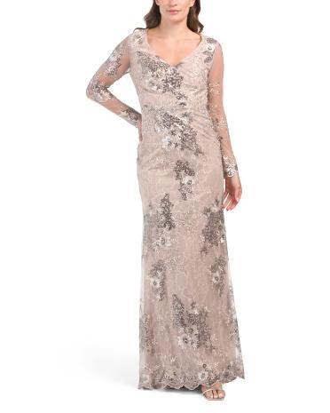 Embellished V-neck Illusion Long Sleeve Gown for Women | Polyester Product Image