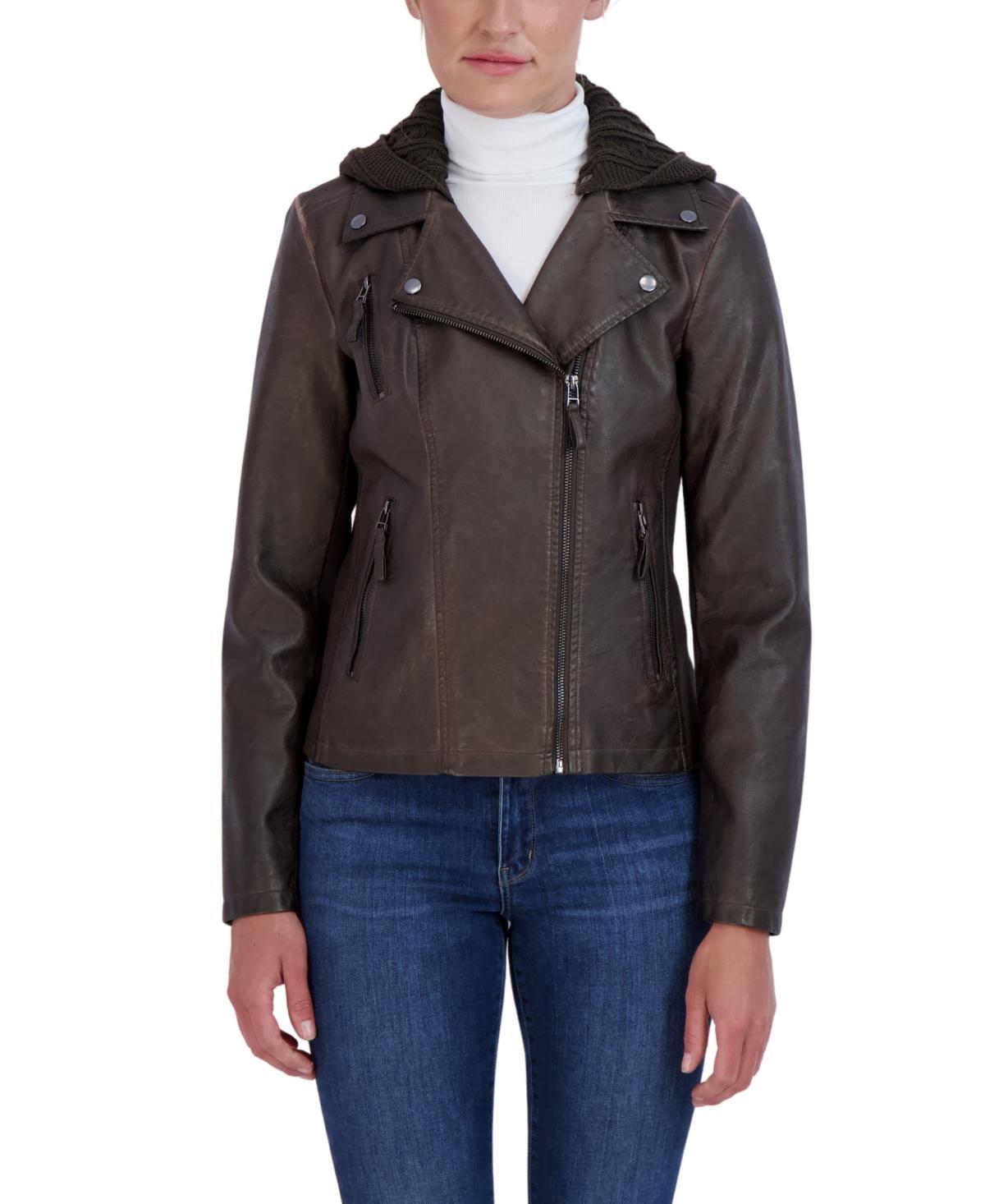 Womens Sebby Collection Hooded Faux-Leather Moto Jacket Black Product Image