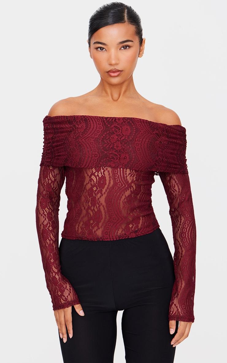 Burgundy Textured Extreme Fold Over Long Sleeve Top Product Image