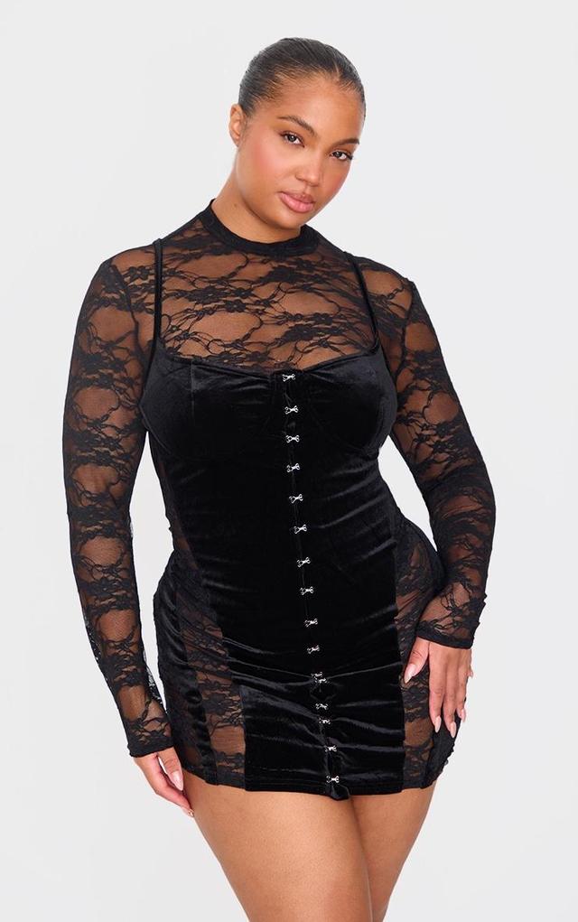 Plus Black Velvet Lace Insert Long Sleeve Mini Dress Product Image