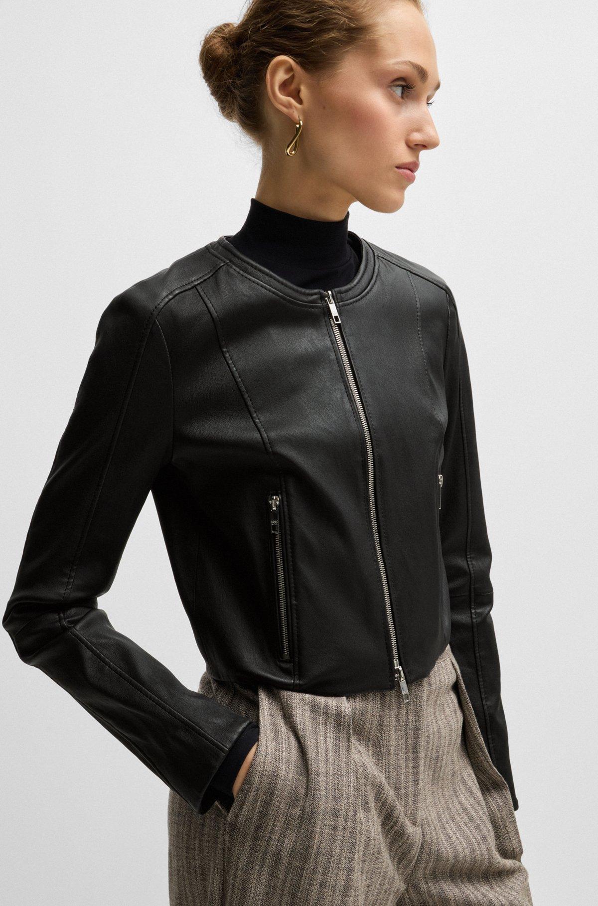 Collarless slim-fit jacket in rich leather Product Image