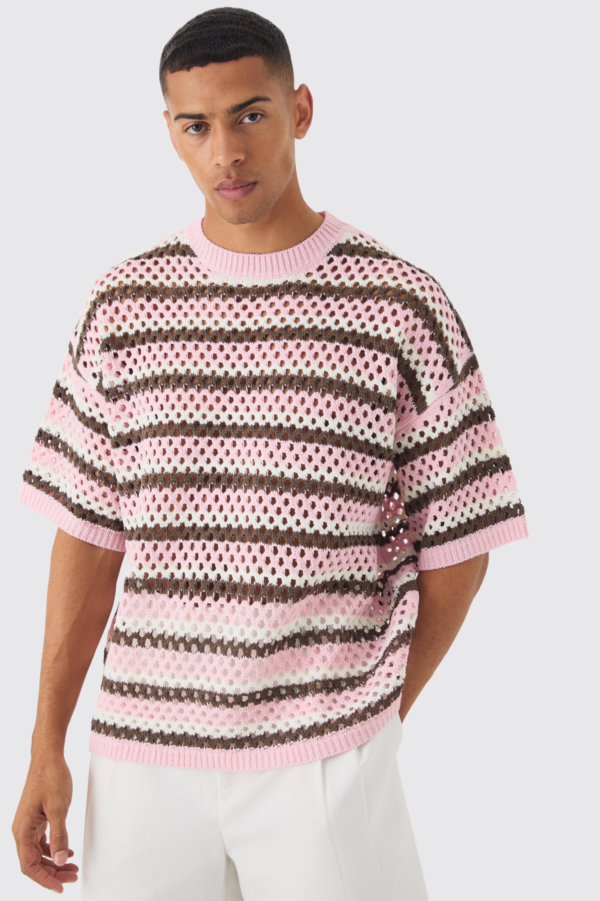 Oversized Boxy Open Stitch Horizontal Stripe Knit T-shirt | boohooMAN USA Product Image