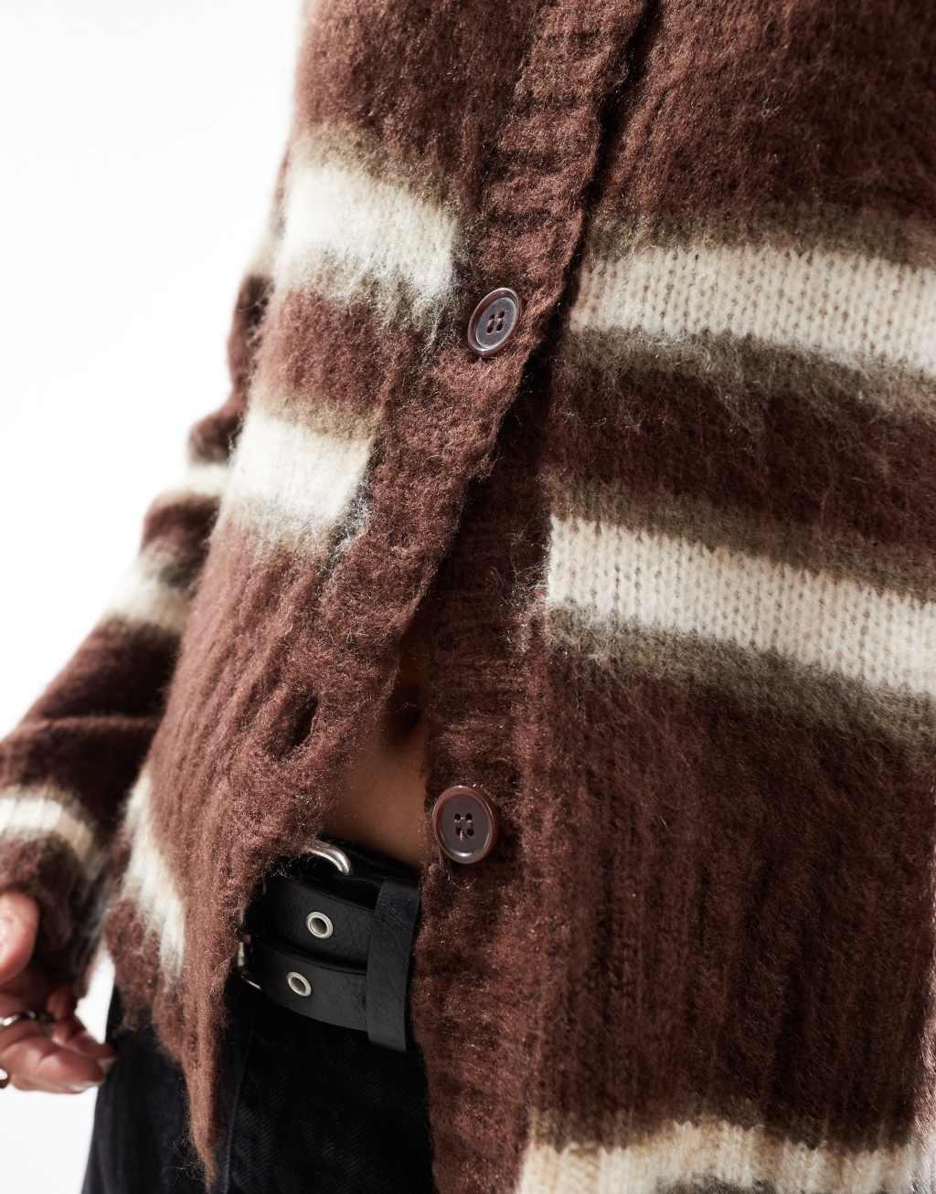 COLLUSION fluffy crew neck cardigan in brown stripe  Product Image