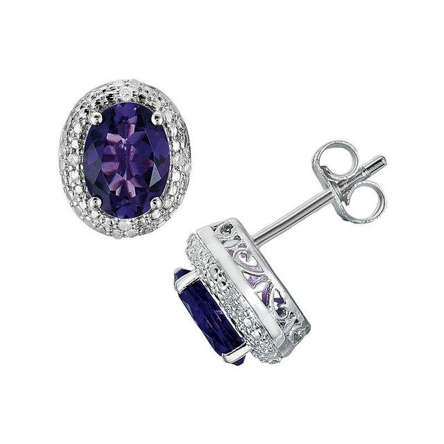 Sterling Silver Amethyst and Diamond Accent Oval Stud Earrings, Womens, Purple Product Image