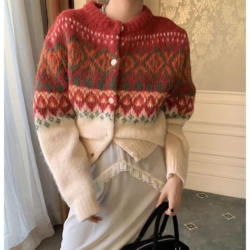 Crewneck Jacquard Button-Up Cardigan Product Image