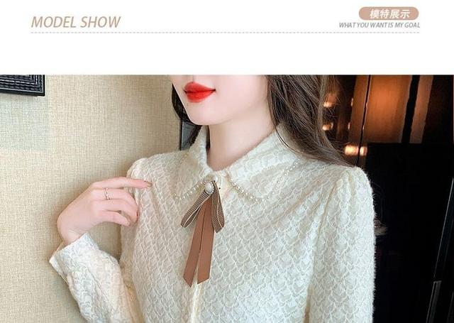 Long-Sleeve Ribbon Neck Lace Shirt Product Image