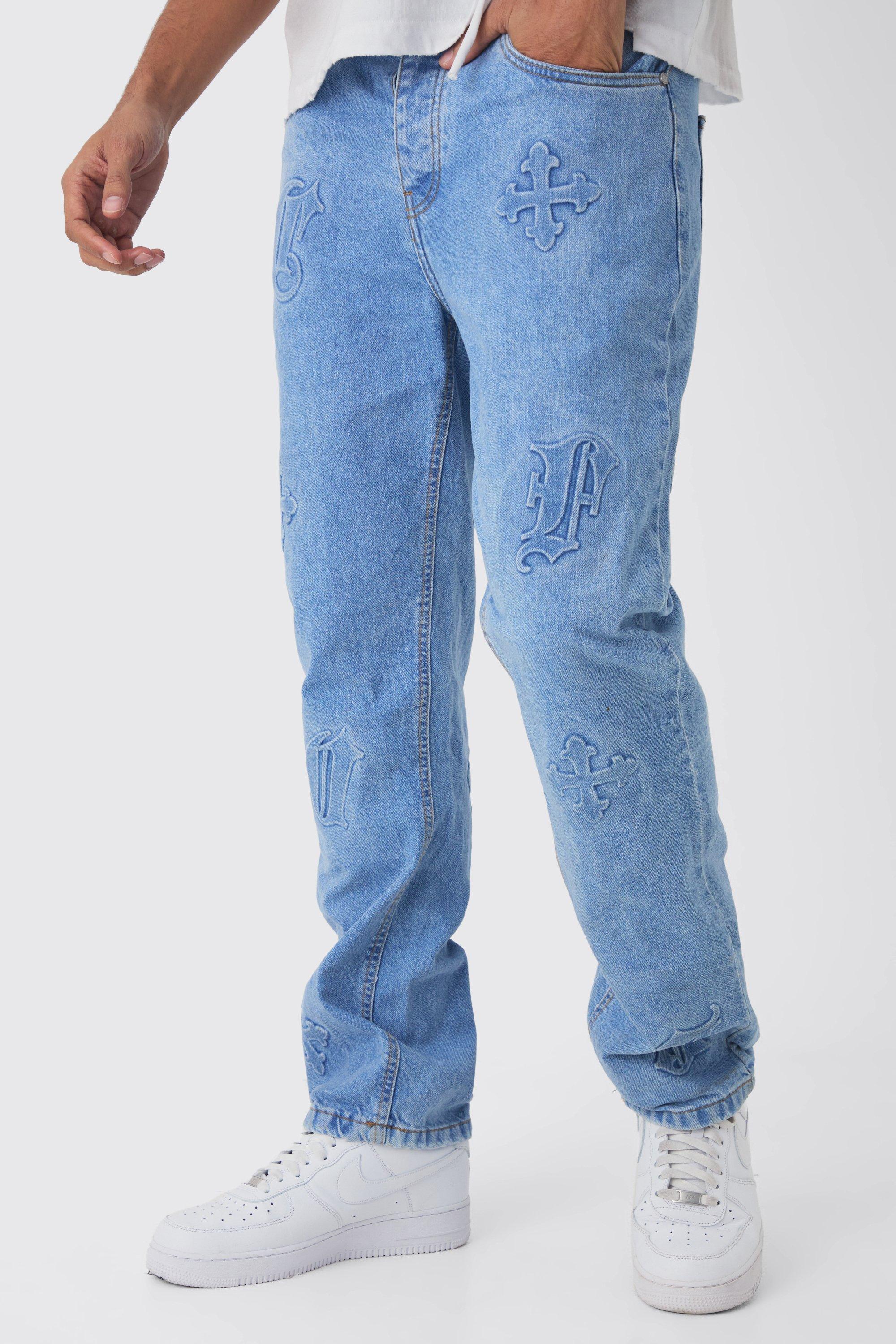 Straight Leg Cross Embossed Jeans | boohooMAN USA Product Image