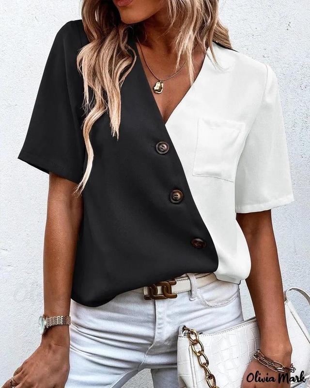 Olivia Mark – V-Neck Blouse with Button Pocket Accents Product Image