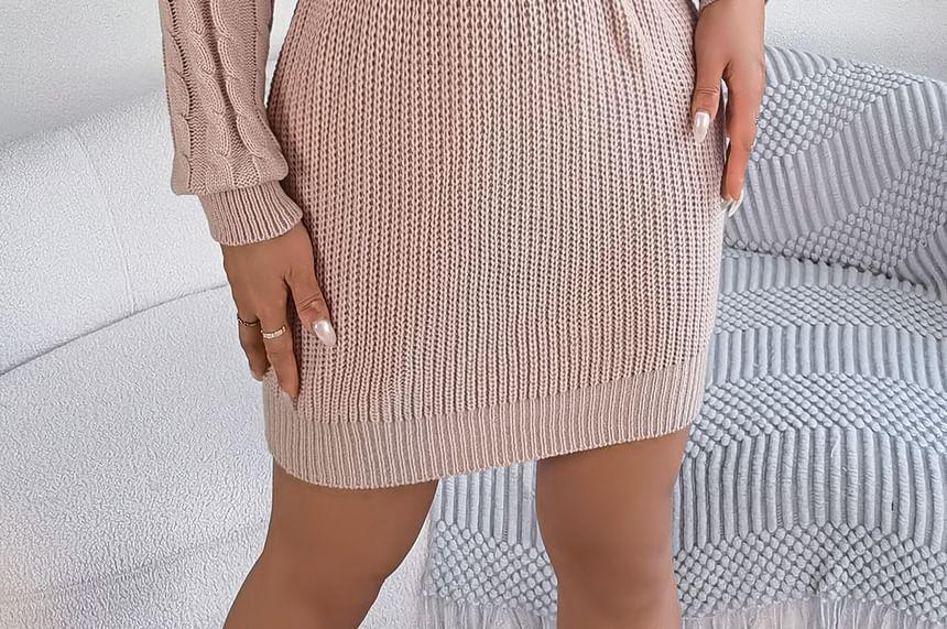 Mock Neck Cold Shoulder Plain Cable Knit Mini Sheath Sweater Dress Product Image