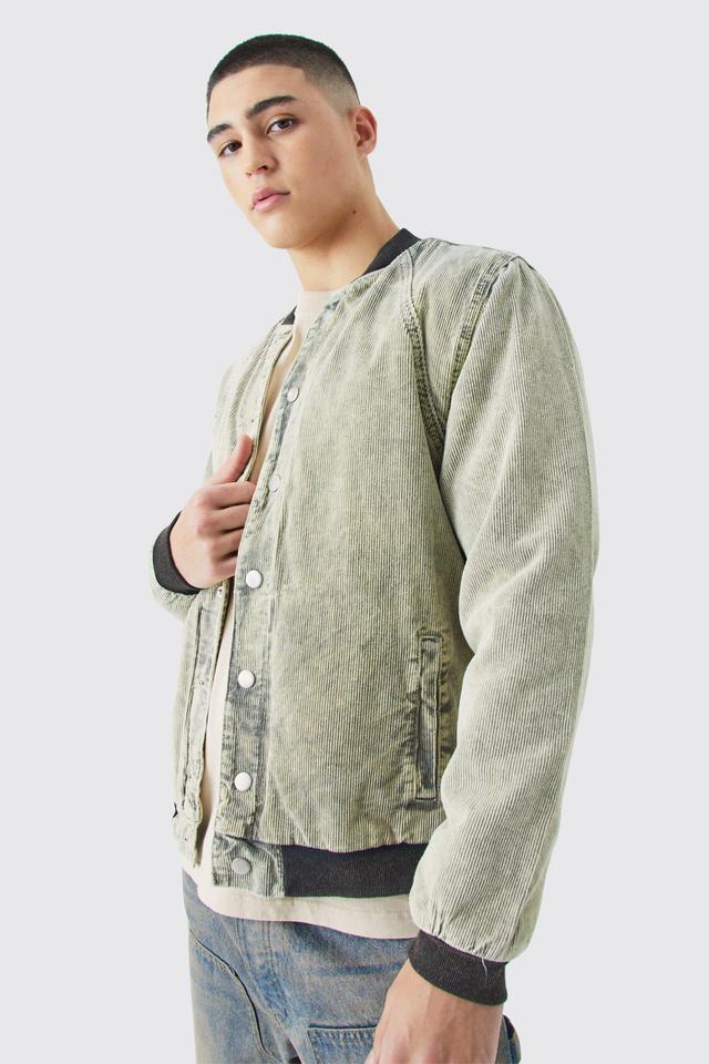 Cord Acid Wash Qulited Bomber Jacket In Khaki | boohooMAN USA Product Image