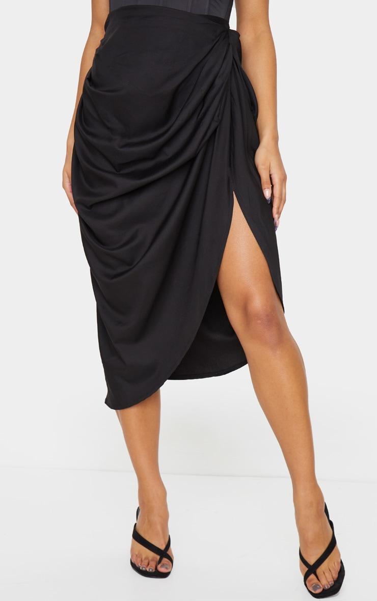 Black Ruched Side Midi Skirt Product Image