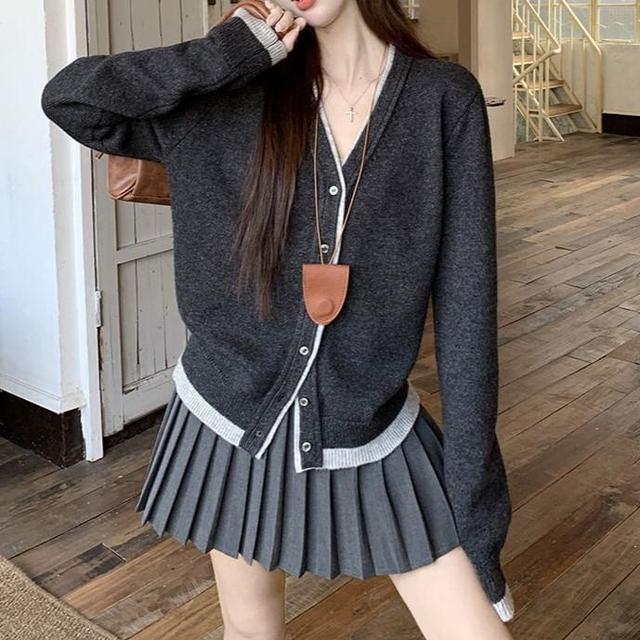 V-Neck Plain Contrast Trim Cardigan / High Waist Pleated Mini A-Line Skirt Product Image