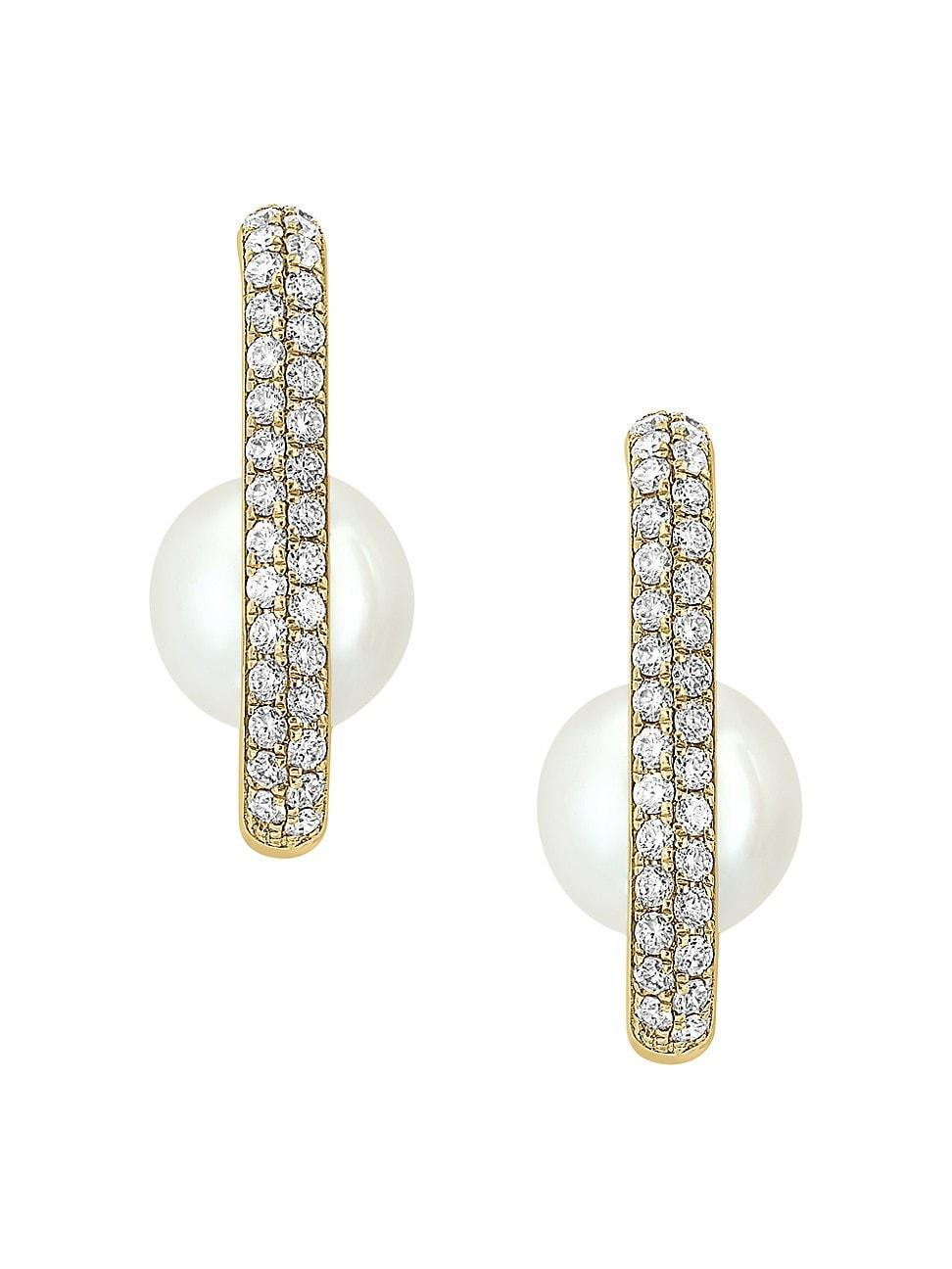 Womens 14K Yellow Gold, Freshwater Pearl & 0.61 TCW Diamond Oval Hoop Earrings Product Image