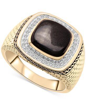 Mens Onyx & Diamond (1/5 ct. t.w.) Brick Texture Ring in 14k Gold-Plated Sterling Silver Product Image