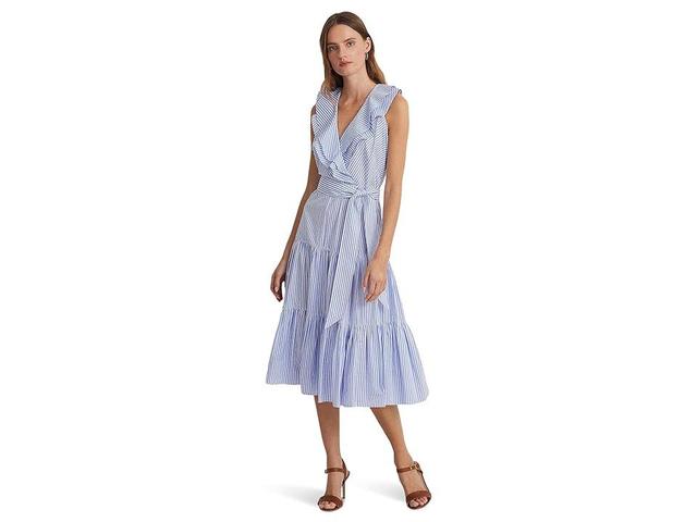 LAUREN Ralph Lauren Striped Cotton Broadcloth Surplice Dress White) Women's Dress Product Image