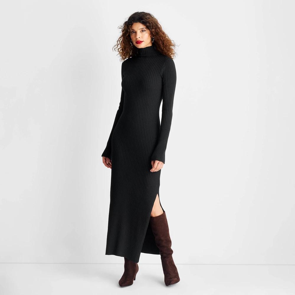 Womens Long Sleeve Ribbed Maxi Dress - Future Collective Black Product Image