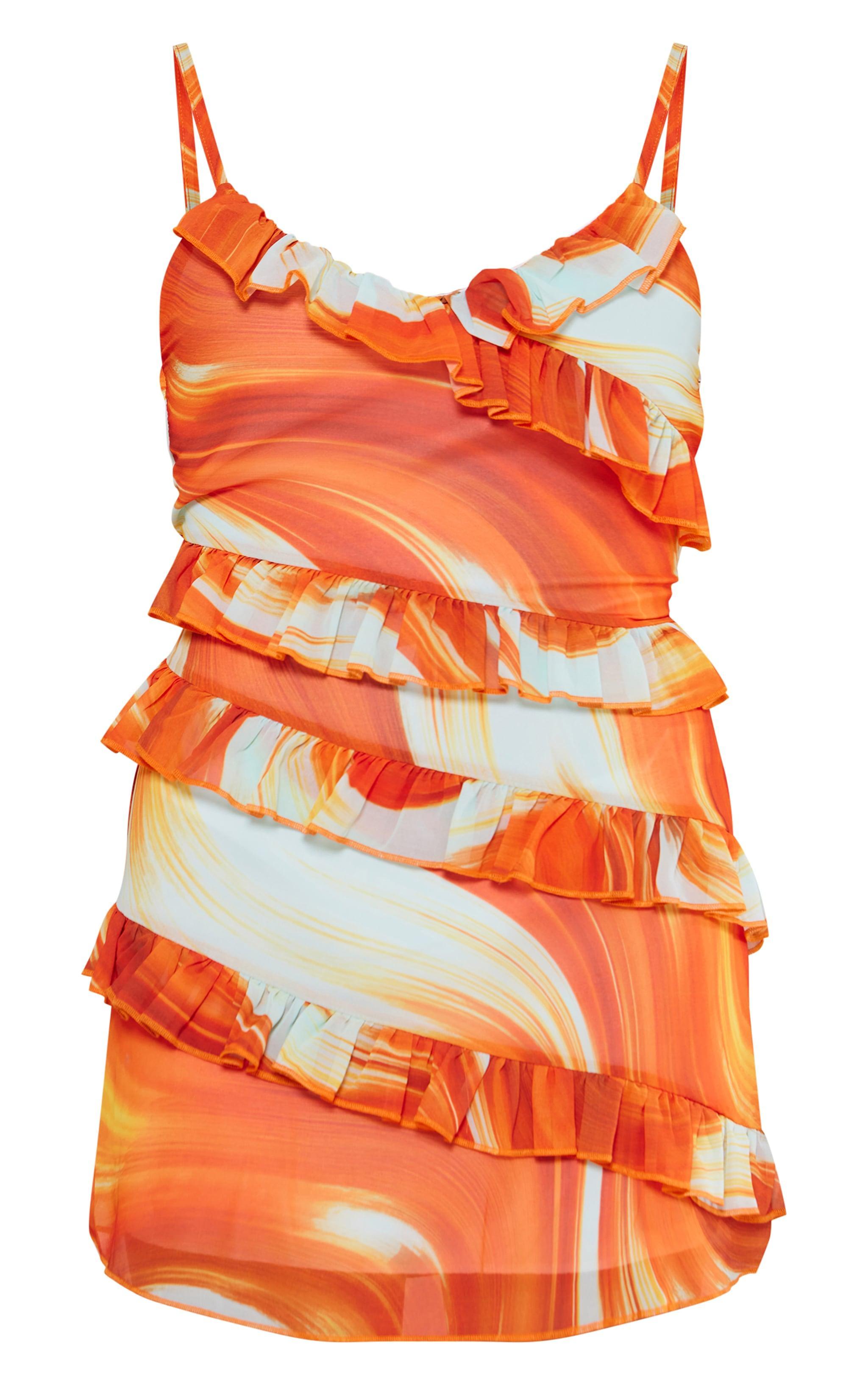 Orange Swirl Print Asymmetric Frill Strappy Shift Dress Product Image