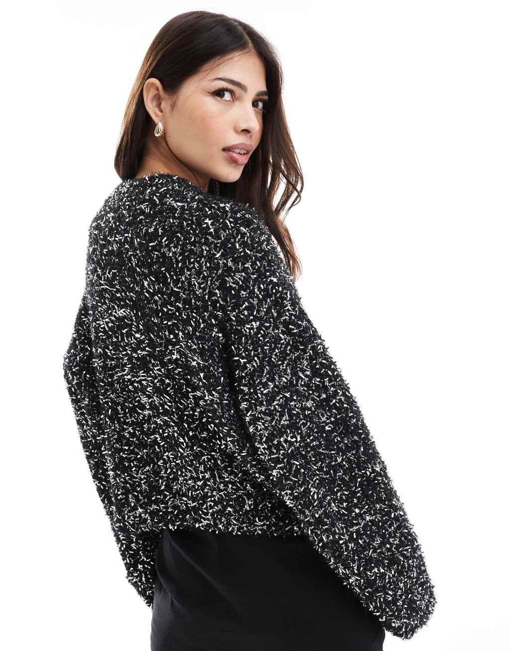 ASOS DESIGN crew neck Christmas cardigan with tinsel yarn in black Product Image